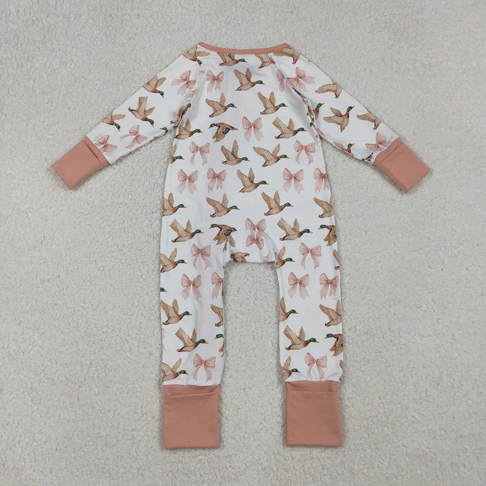 10.1 RTS NO MOQ （In stock）LR2545 Baby Girls Winter Rompers Baby Girls Ducks Bows Plaid Ruffle Zipper Footie Rompers