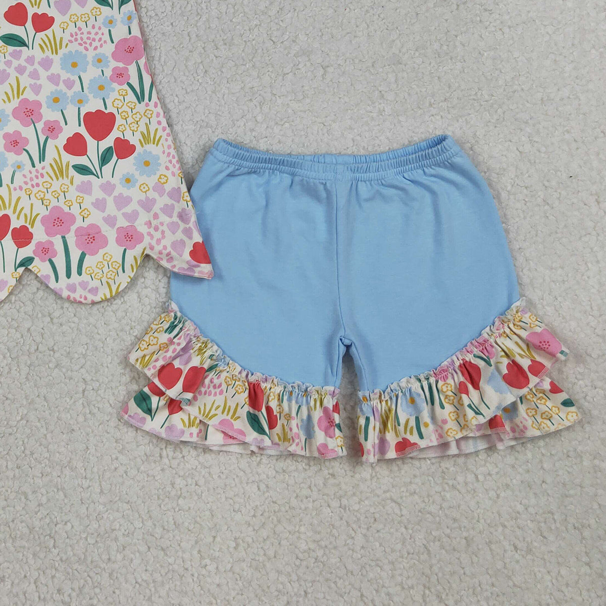 4.7 GSSO3390 RTS NO MOQ （In stock ）Baby Girls Sleeveless Colorful Flowers Scallop Tunic Ruffle Shorts Clothes Set