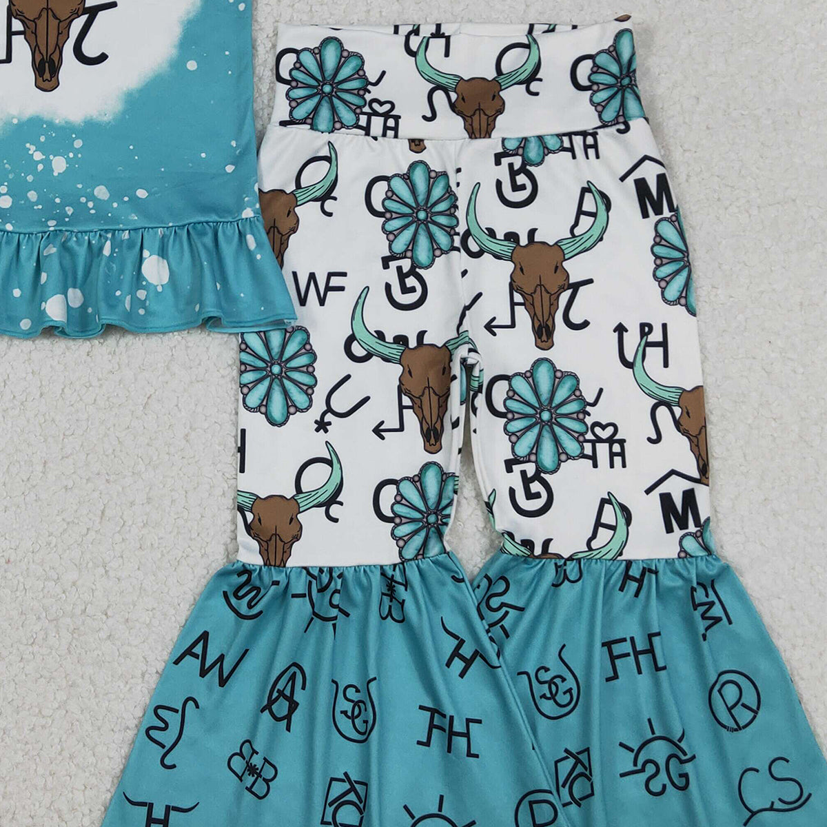12.22 RTS NO MOQ （In stock）GSPO2114 Baby Girls Bull Skulls Ruffle Top Bell Bottom Pants Western Clothes Sets