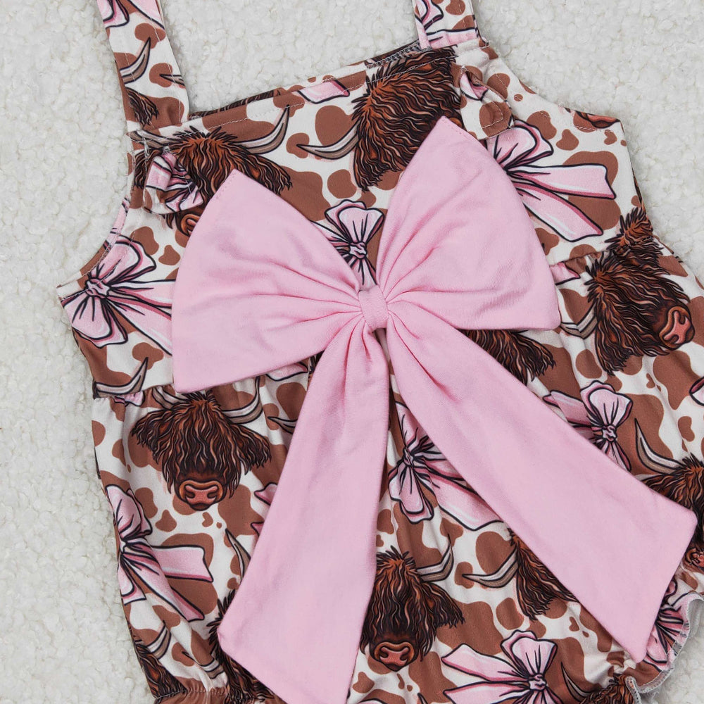 5.19  SR2697 RTS NO MOQ Straps highland cow pink bow western baby girls romper
