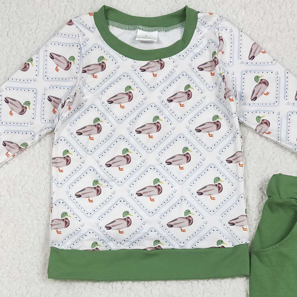 RTS NO MOQ （In stock） BLP1071 Baby Boys Winter Outfits Baby Boys Long Sleeves Green Ducks Top Pockets Legging Pant Pajamas Sets