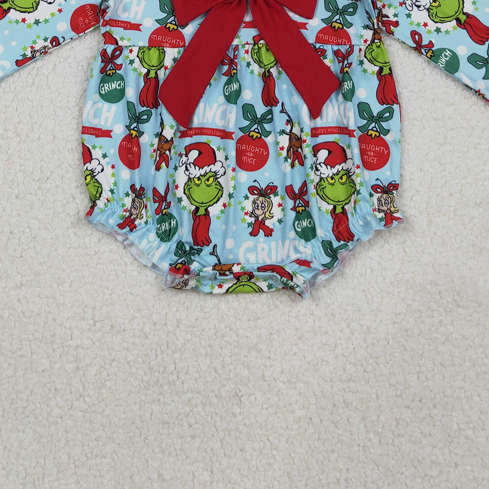 RTS NO MOQ （In stock） LR2575 Baby Girls Winter Rompers Christmas Green Face Holly Ruffle Rompers