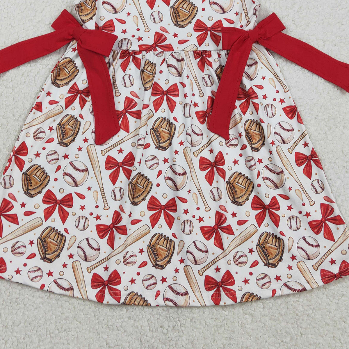 1.24 RTS NO MOQ （In stock）GSD3455 Baby Girls Flutter Sleeve Baseballs Bows Team Knee Length Dresses