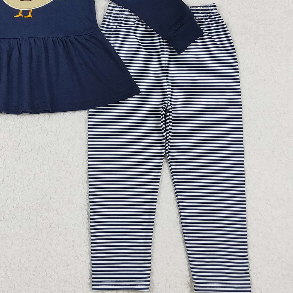 RTS NO MOQ （In stock）GLP2595 Baby Girls Winter Outfits Girls Navy Duck Long Sleeve Top with Stripe Leggings – Outfits for Ages Comfortable Clothing Set
