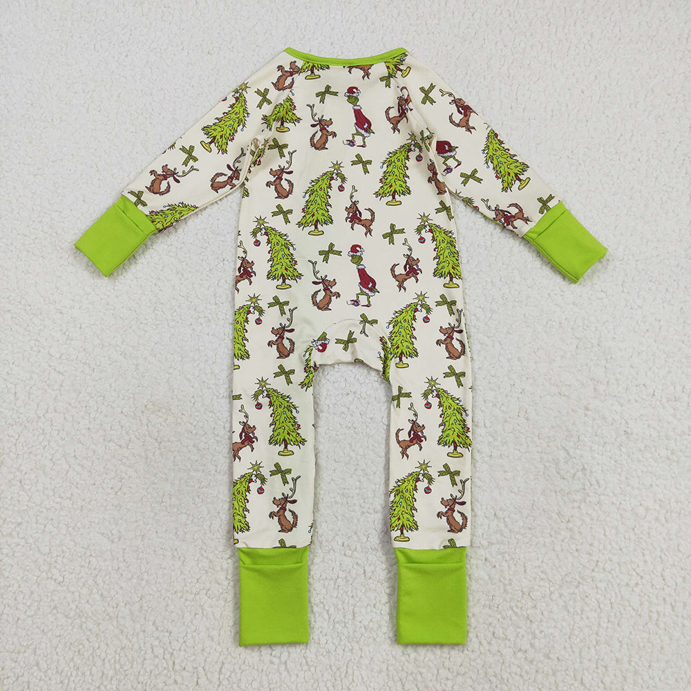 RTS NO MOQ （In stock）LR2481 Baby Boys Winter Rompers Baby Boys Christmas Trees Dogs Zipper Footie Rompers