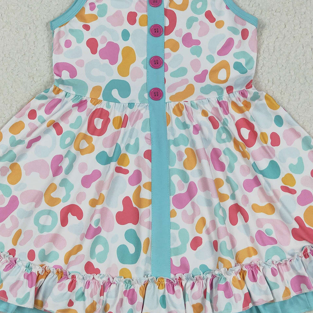 GSD2452 RTS NO MOQ Baby Girls Summer Dress Baby Girls Blue Strap Colorful Leopard Button Knee Length Dresses