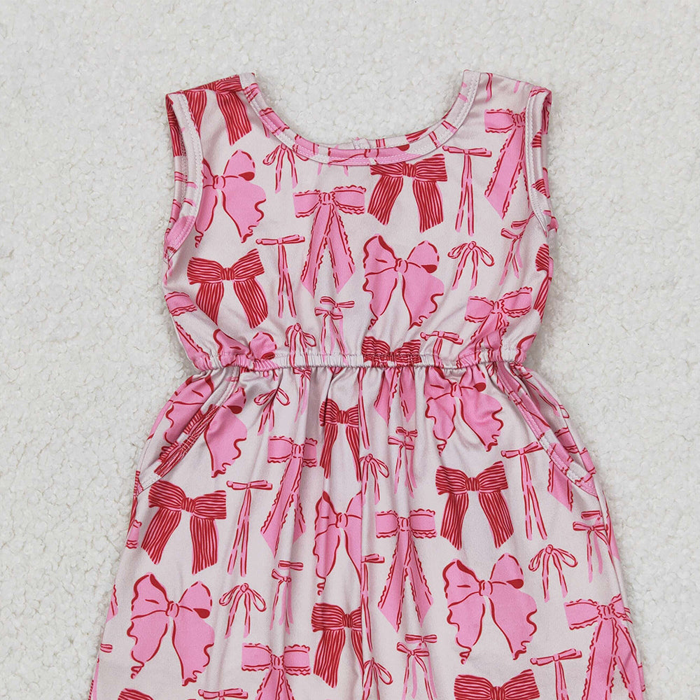 4.17 SR2670 RTS NO MOQ Pink short sleeves bow pocket girls summer jumpsuit