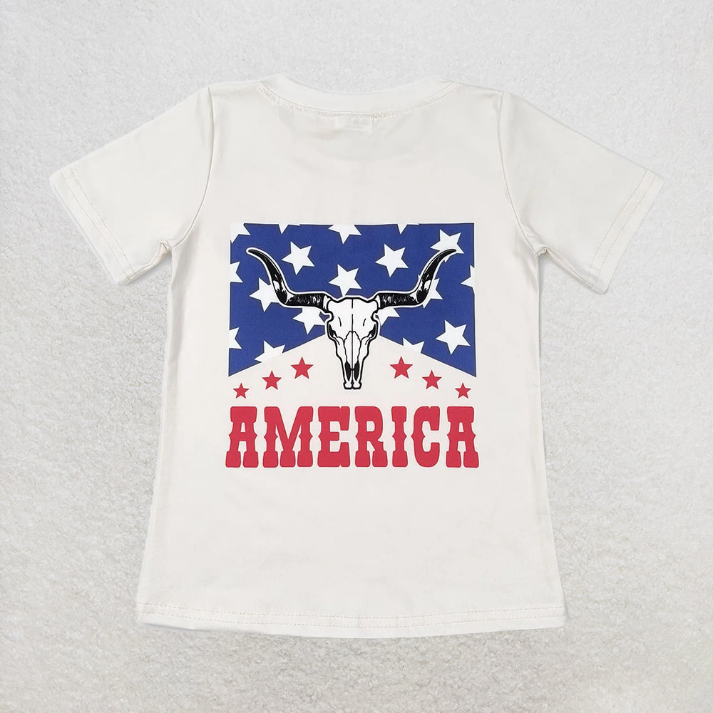 GT0465 RTS NO MOQ Baby girls Cow 4th Of July Short Sleeve Tee Shirts Tops