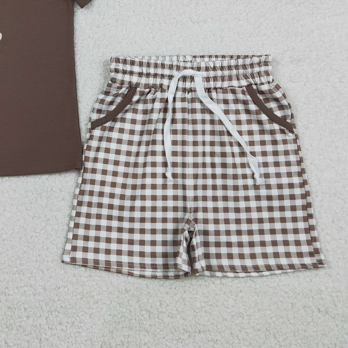 1.16 RTS NO MOQ （In stock）BSSO1637 Embroidery Dogs Baby Boys Brown Top Checked Pockets Shorts Hunting Clothes Sets