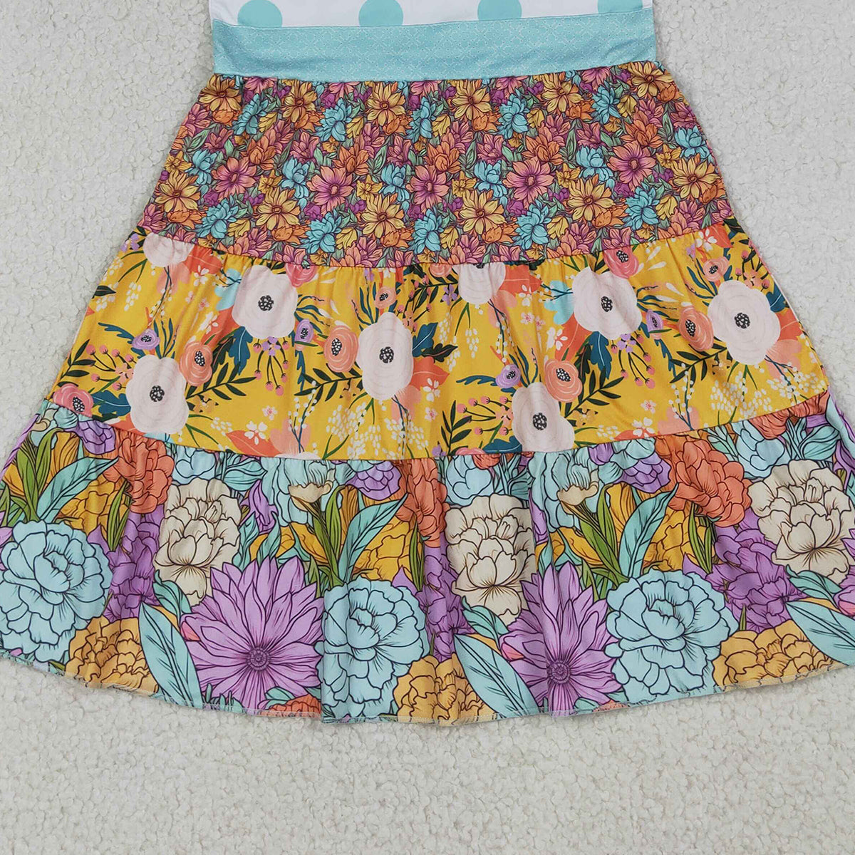4.11 GSD4091 RTS NO MOQ （In stock ）Baby Girls Flutter Sleeve Colorful Flowers Patchwork Knee Length Dresses