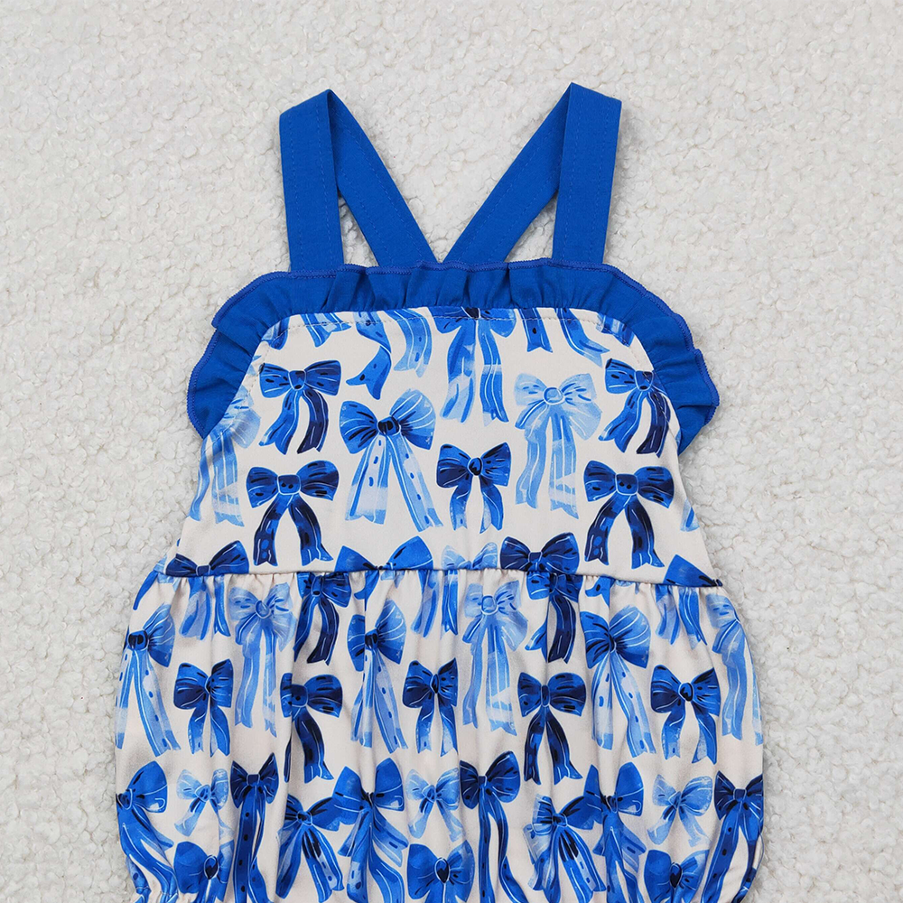 4.14 SR2919 RTS NO MOQ Baby Girls Summer Rompers Blue ruffle straps bows baby girls summer romper