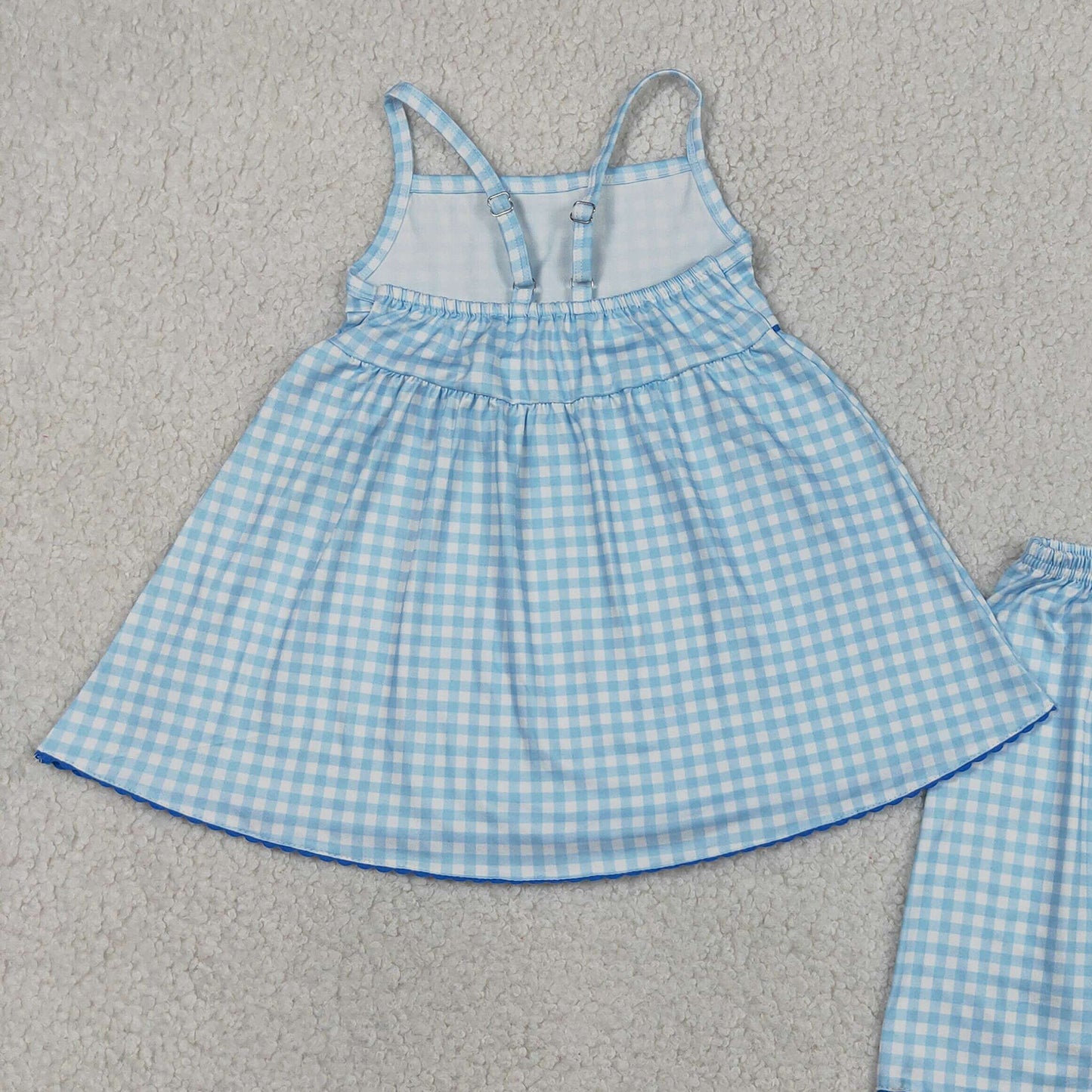 GSSO3418 RTS NO MOQ （In stock ）Straps blue plaid tunic shorts kids girls outfits