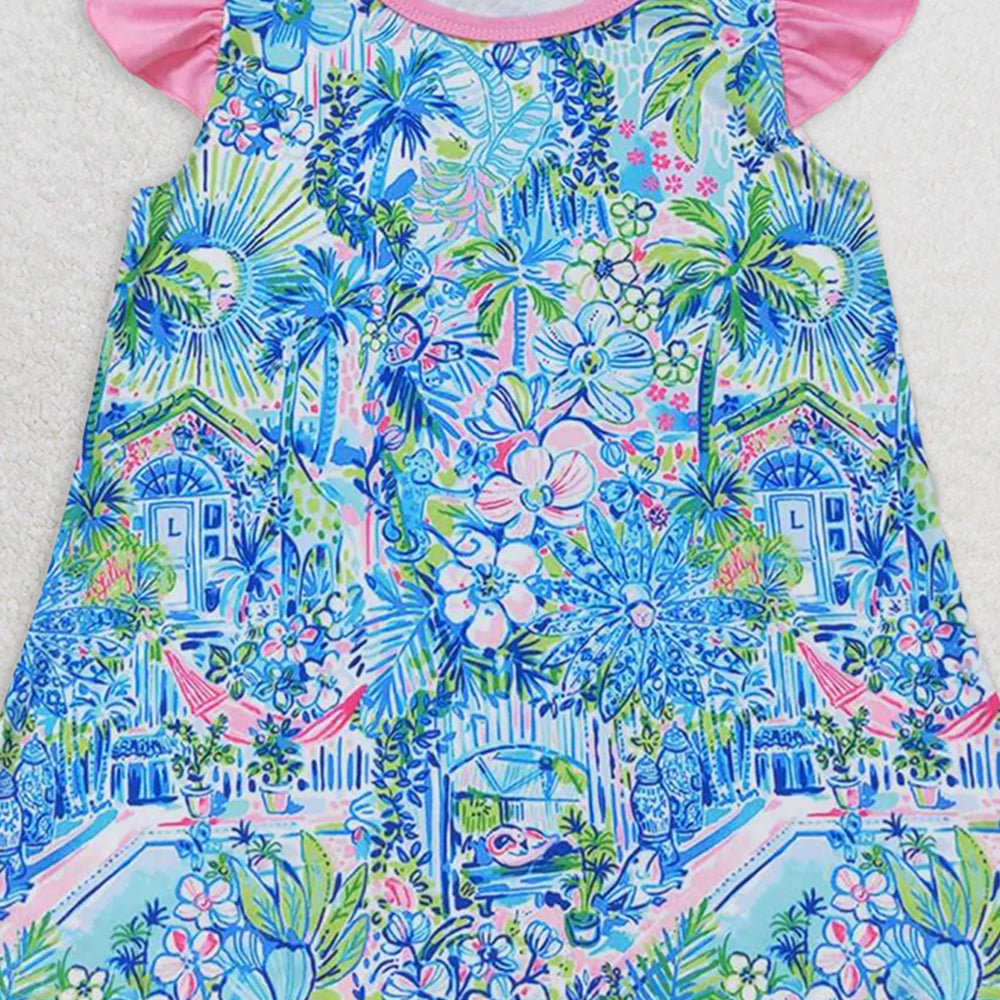GT0563  RTS NO MOQ Baby Girls Summer Tops Pink flutter sleeves watercolor floral girls shirt