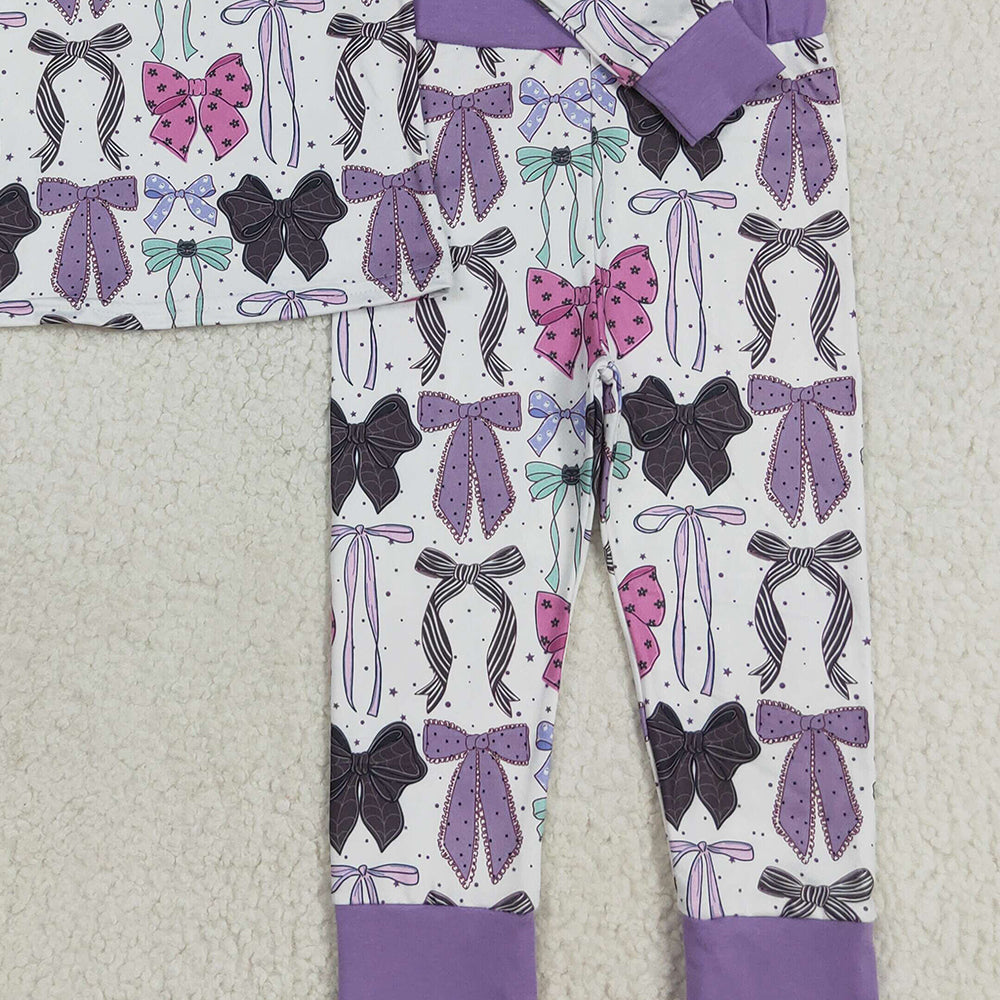 RTS NO MOQ （In stock）GLP2533 Baby Girls Winter Outfits Baby Girls Long Sleeves Colorful Bows Top Pant Pajamas Set