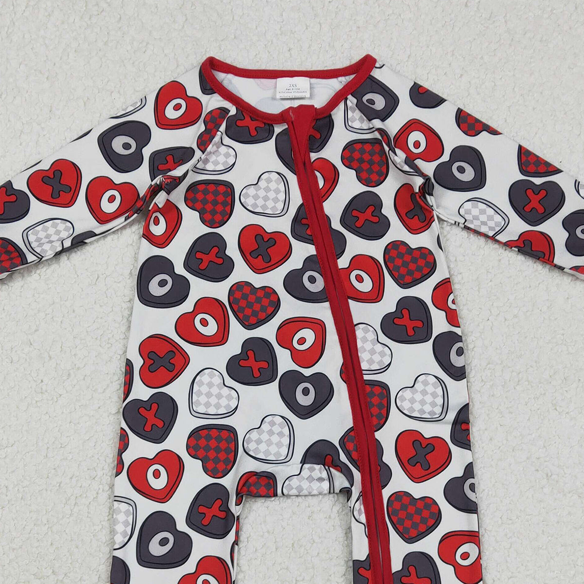 12.10 RTS NO MOQ （In stock）LR2882 Baby Girls Winter Rompers Baby Girls Hearts XOXO Valentines Two Way Zip Convertible Rompers