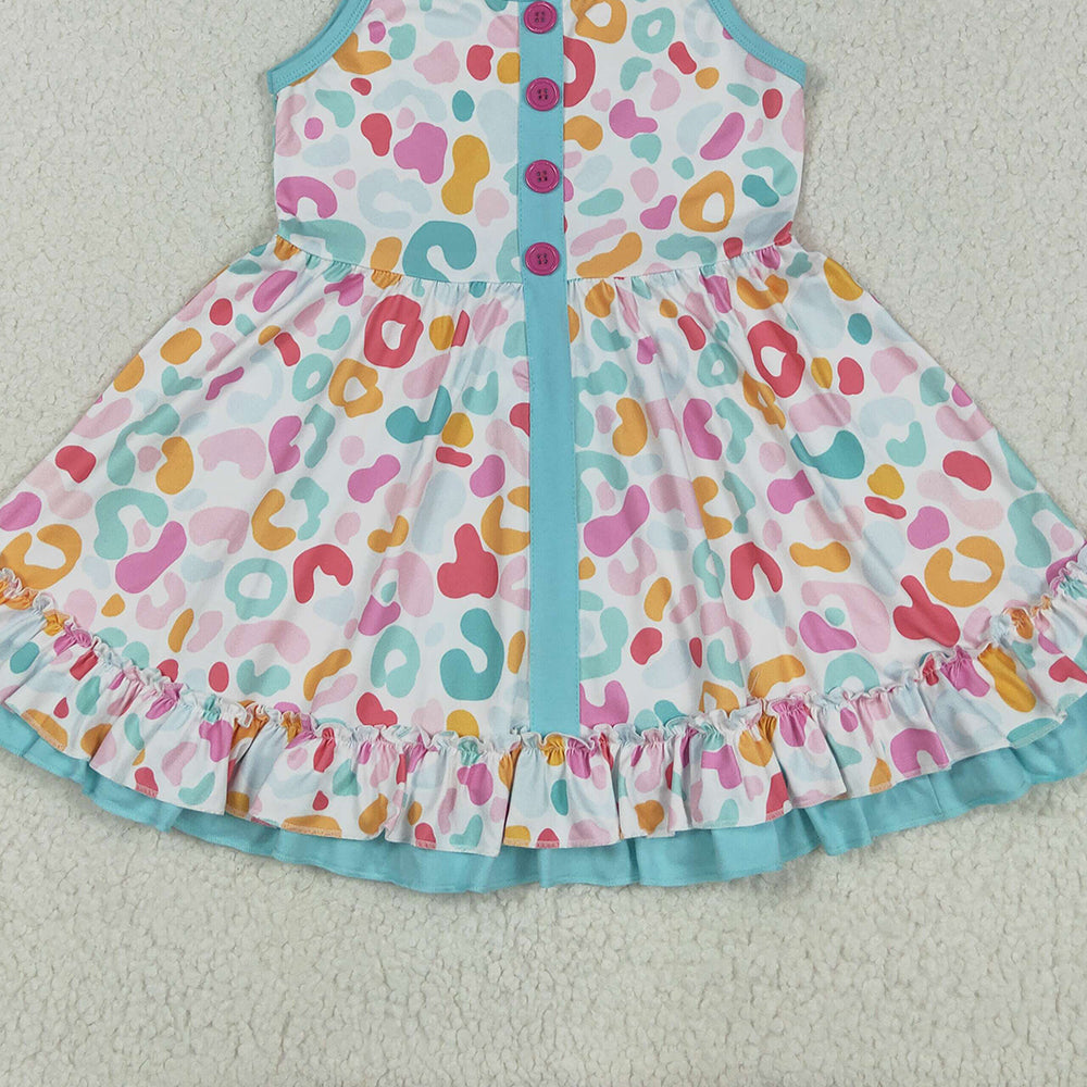 GSD2452 RTS NO MOQ Baby Girls Summer Dress Baby Girls Blue Strap Colorful Leopard Button Knee Length Dresses