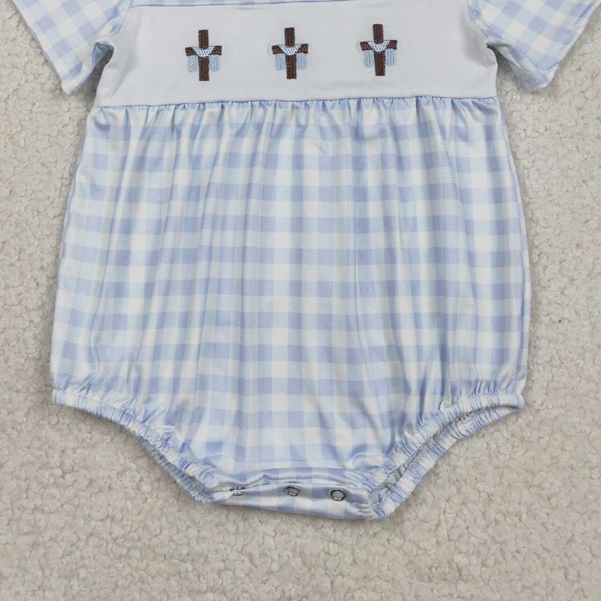 2.4 RTS NO MOQ （In stock）SR3757 Embroidery Crosses Baby Boys Blue Checked Easter Collar Rompers