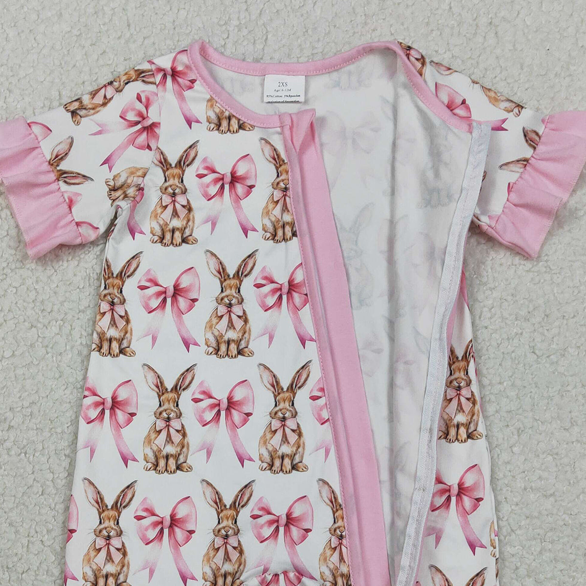 2.2 RTS NO MOQ （In stock）SR2020 Baby Girls Short Sleeve Bows Rabbits Easter Ruffle Zipper Rompers