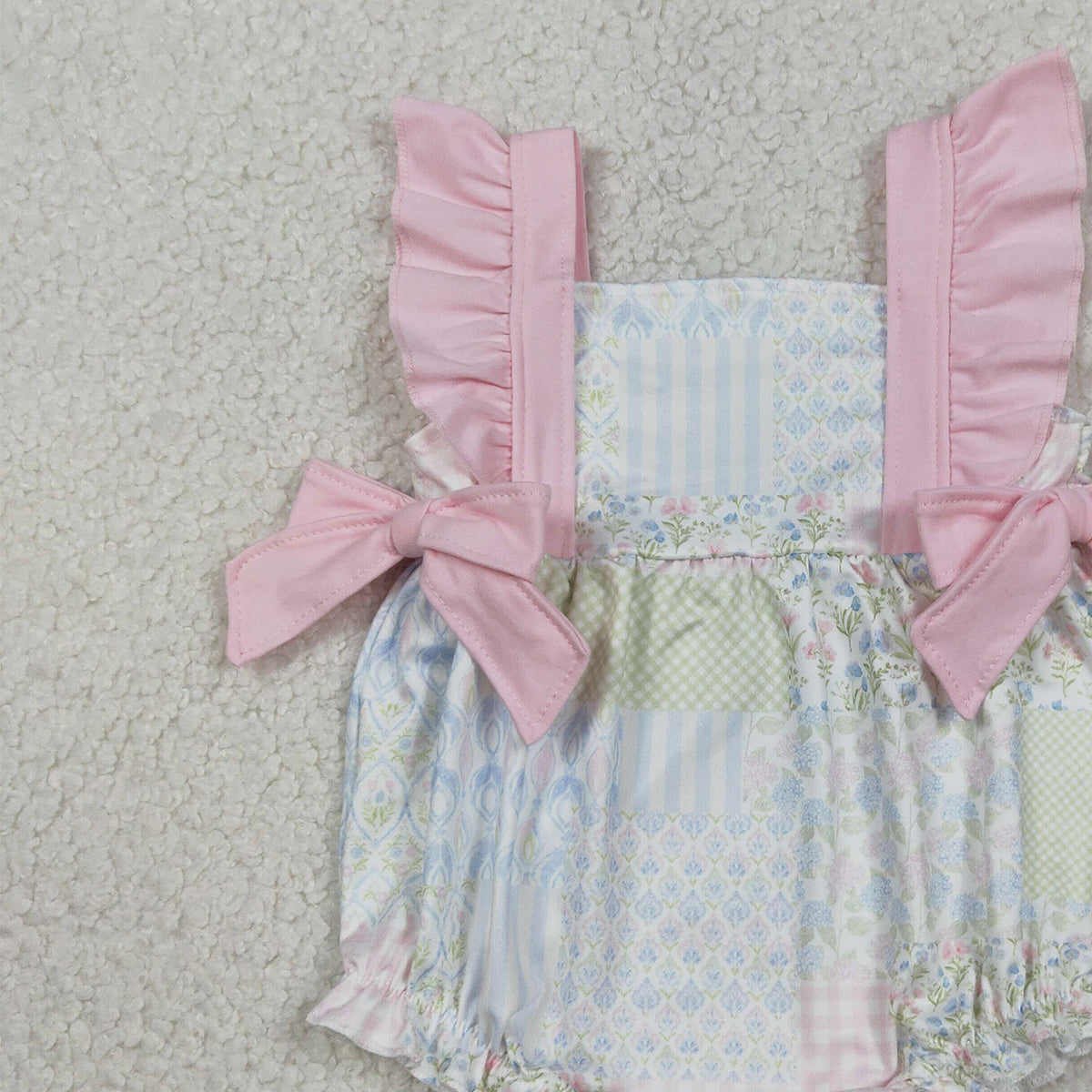 1.31 RTS NO MOQ （In stock）SR3675 Baby Girls Pink Flutter Sleeve Bows Flowers Checked Ruffle Rompers