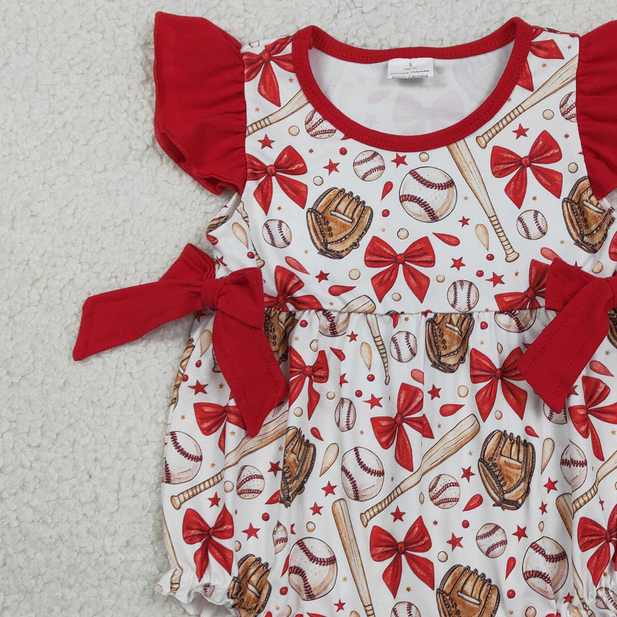 1.23 RTS NO MOQ （In stock）SR3834 Baby Girls Flutter Sleeve Baseballs Bows Team Ruffle Rompers