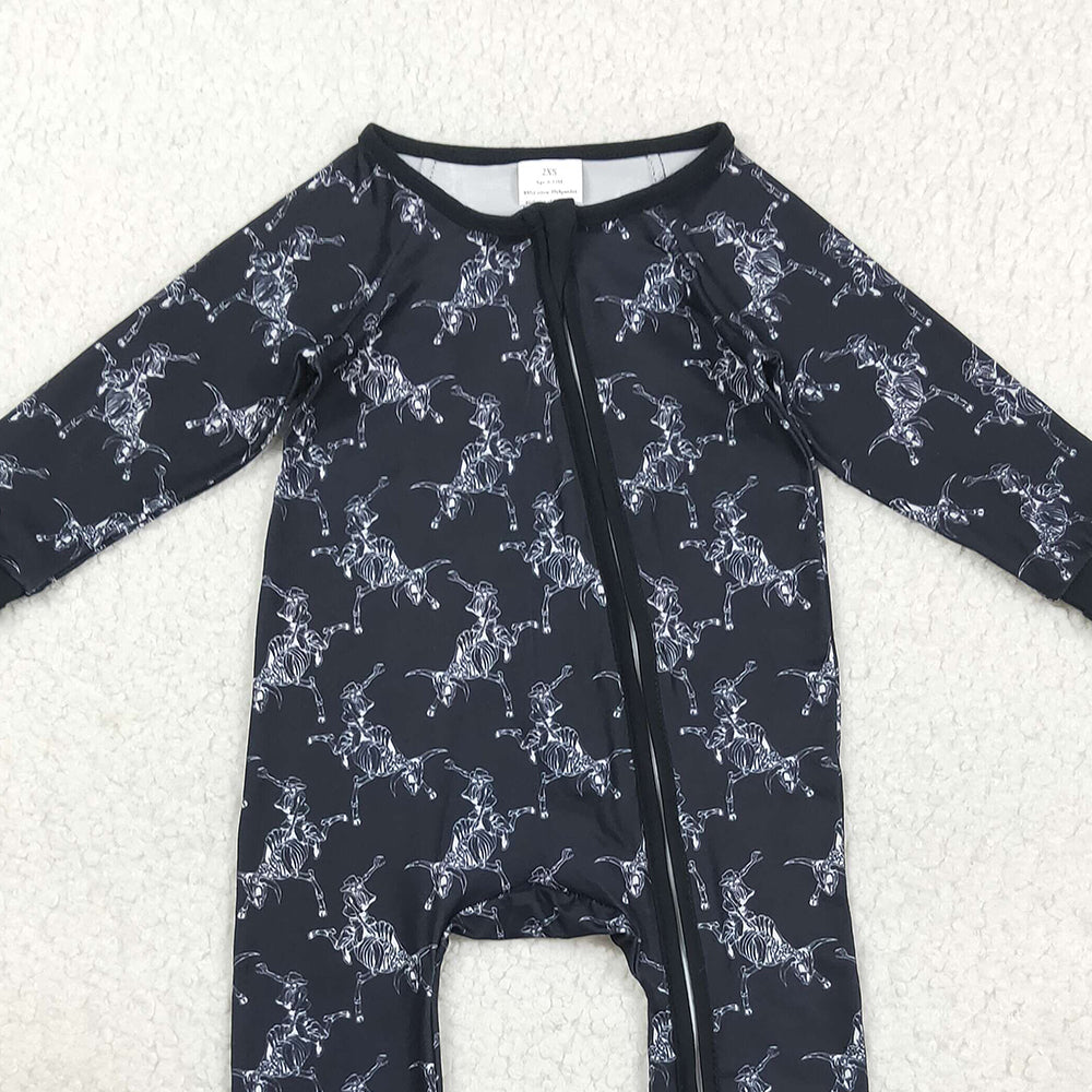 RTS NO MOQ （In stock）LR2466 Baby Boys Winter Rompers Baby Boys Black Horse Rodeos Western Zipper Pant Rompers