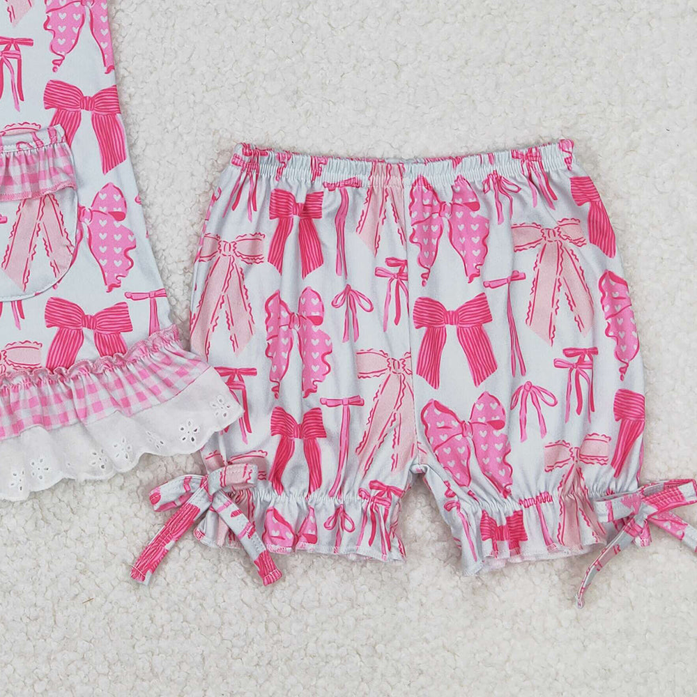 4.17 GSSO2187 RTS NO MOQ Sleeveless pink bow ruffle top shorts girls pajamas set