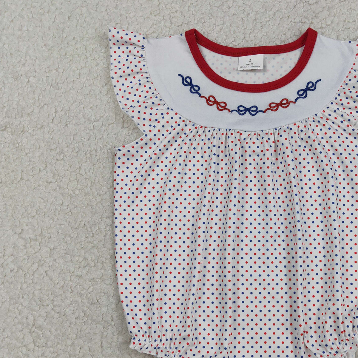 3.14 RTS NO MOQ （In stock）SR3706 Children's Fashion Romper Baby Girls Embroidery Bows Flutter Sleeve Girls Blue Red Polka Dots Ruffle Rompers