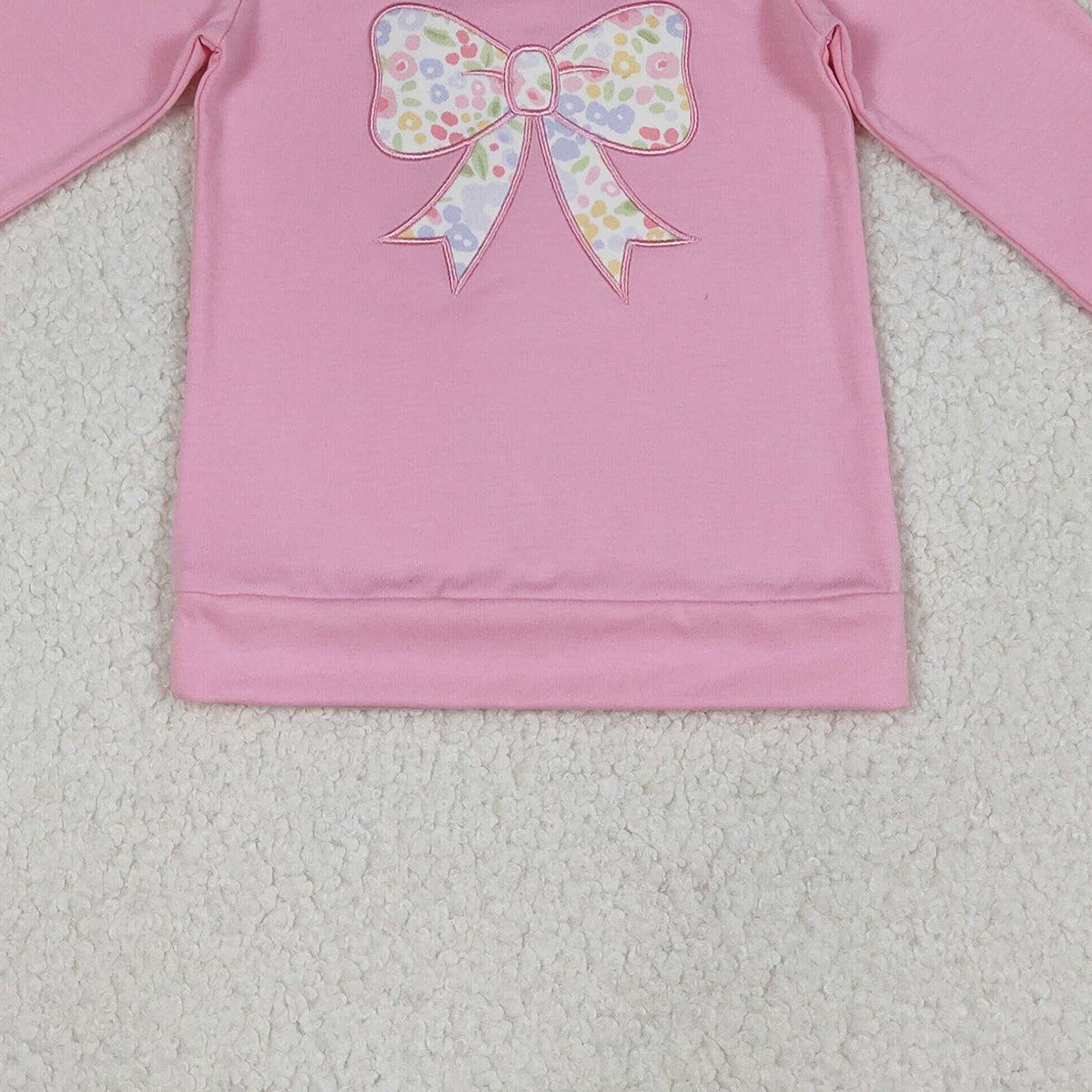 1.14 RTS NO MOQ （In stock）GT1537 Baby Girls Pink Flowers Bows Long Sleeve T-shirts Top