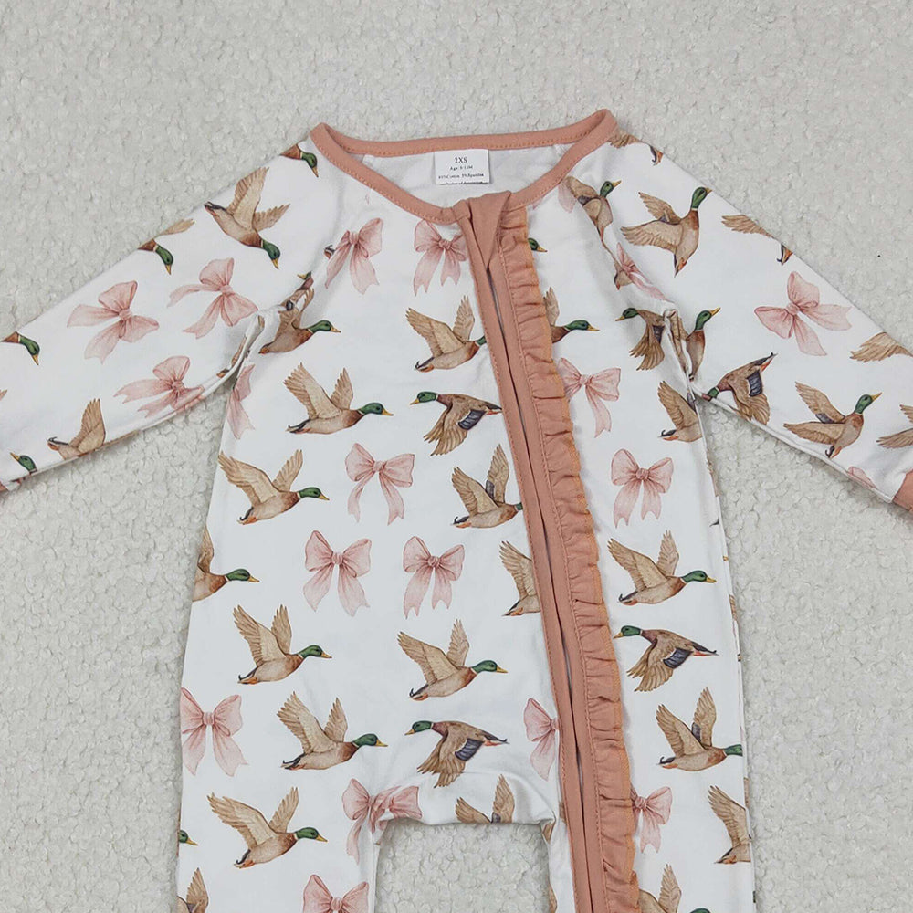 10.1 RTS NO MOQ （In stock）LR2545 Baby Girls Winter Rompers Baby Girls Ducks Bows Plaid Ruffle Zipper Footie Rompers