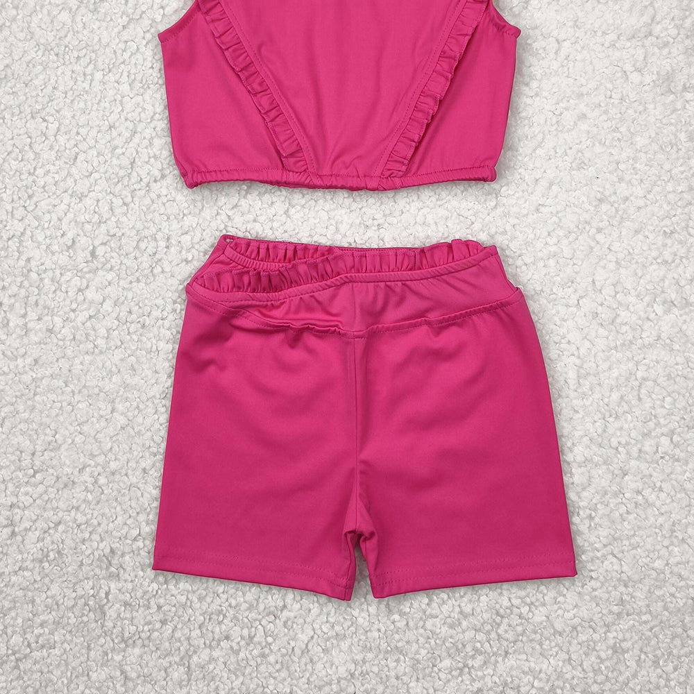GSSO2284RTS NO MOQ Baby Girls Yoga Outfits Girls Hot Pink Ruffle Crop Top Shorts Set Yoga Outfit Fitness Gymnastics Dancewear Sportswear Active Wear Children's Clothing