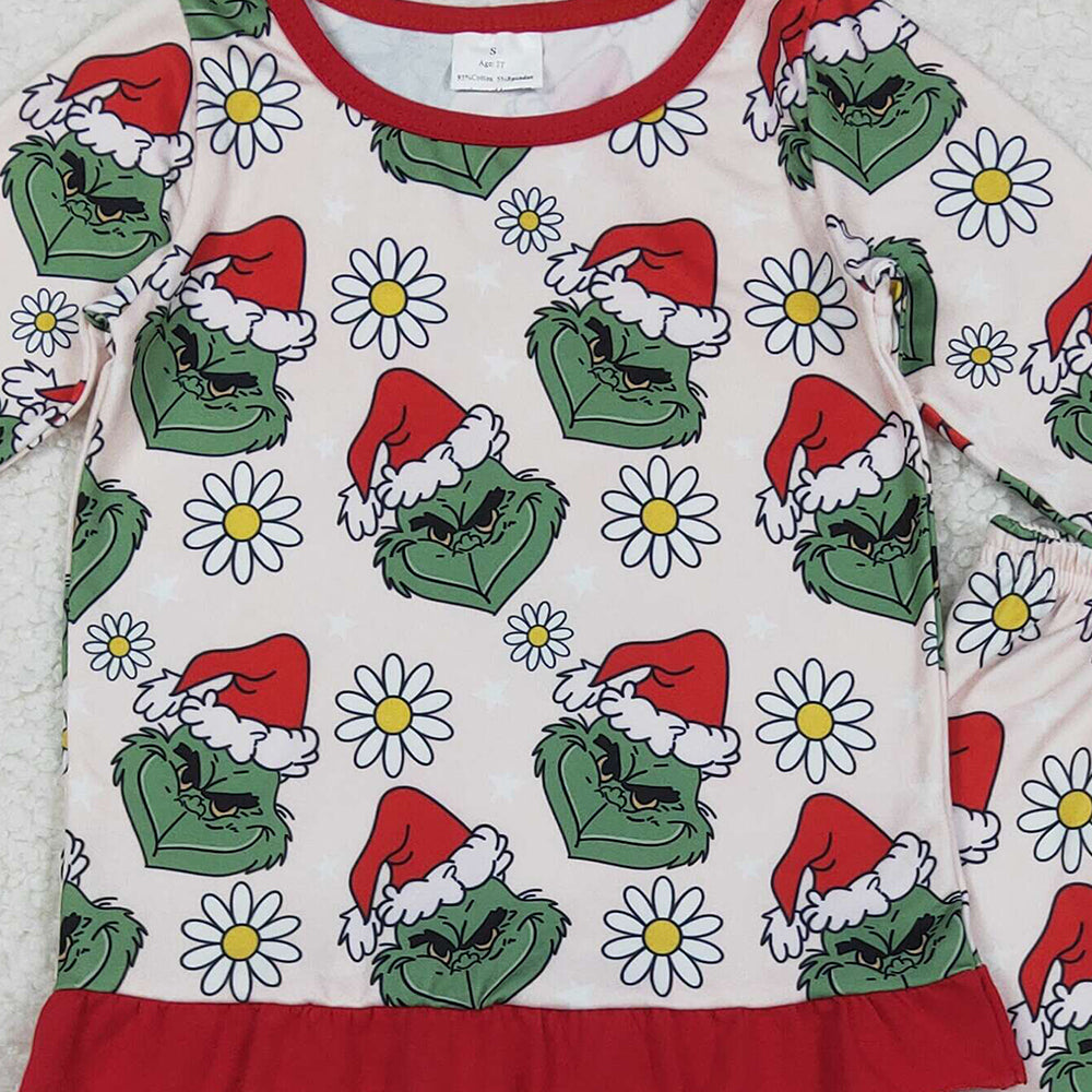 RTS NO MOQ （In stock）GLP2635 Baby Girls Winter Outfits Christmas Green Face Flowers Top Pants Pajamas Set