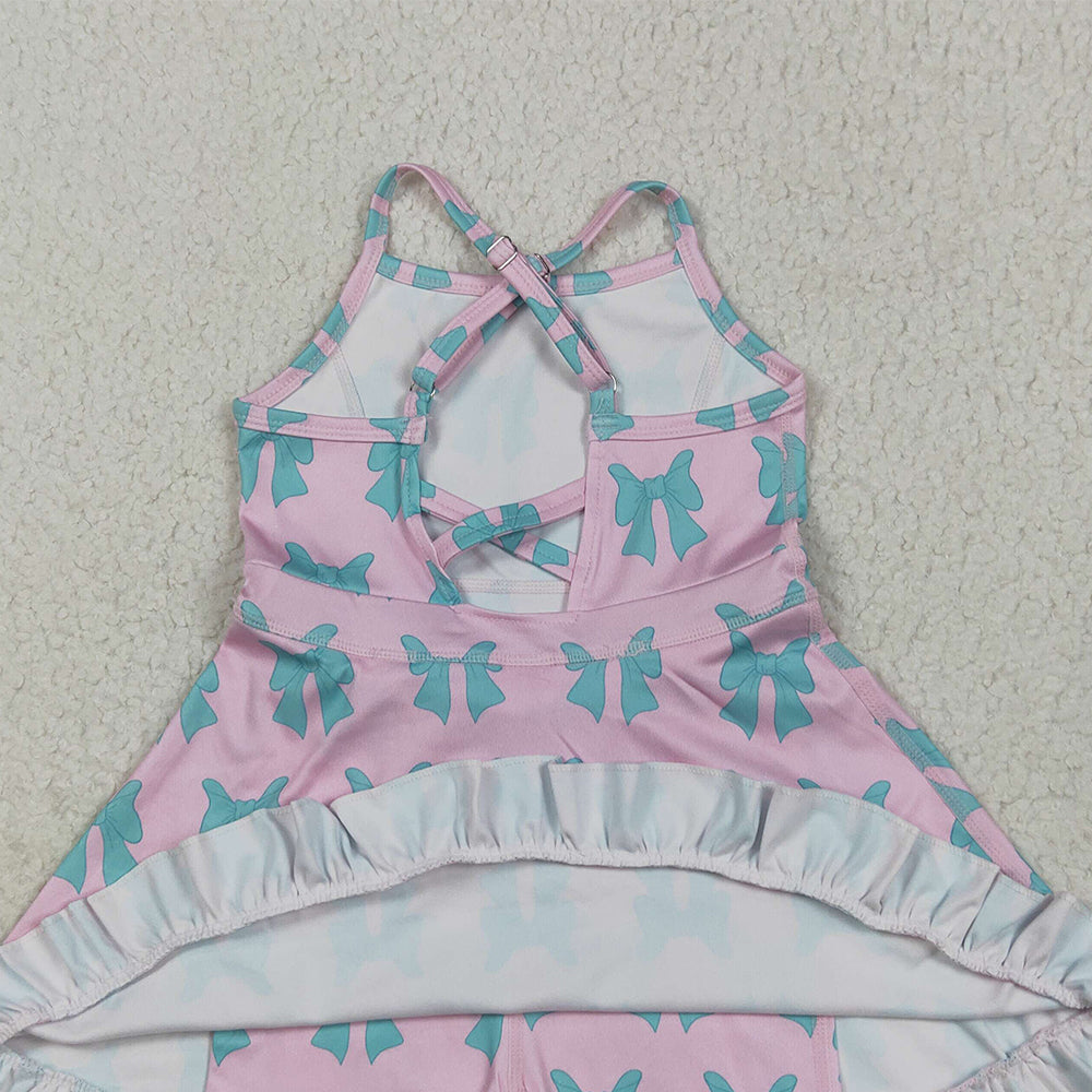 7.15 GSD2293RTS NO MOQ Baby Girls Summer Yoga Dress Baby Girls Active Wear Aqua Bow In Pink Yoga Dress