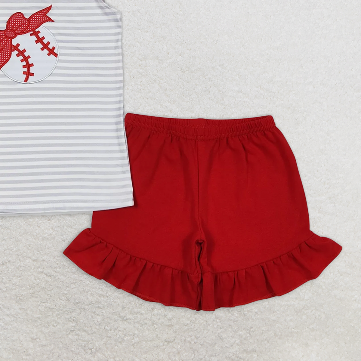 GSSO0605  RTS NO MOQ Baby Girls Summer Outfits Stripe baseball shirt ruffle shorts girls clothing