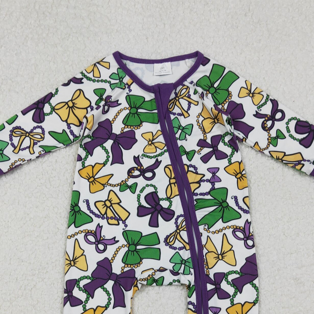 10.13 RTS NO MOQ （In stock）LR2678 Baby Girls Winter Rompers Baby Girls Mardigras Bows Masks Zipper Footie Rompers
