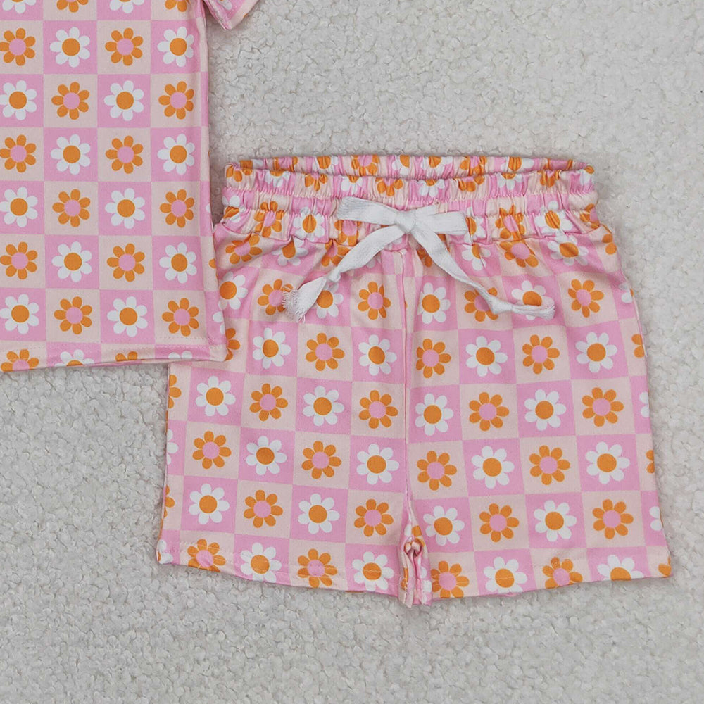 4.09 GSSO2425RTS NO MOQ  Baby Girls Summer Outfits Pink floral plaid top shorts kids girls summer clothes