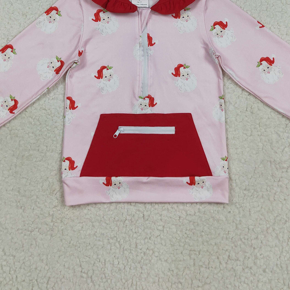 RTS NO MOQ （In stock）GT1047 Baby Girls Long Sleeve Tops Baby Girls Pink Long Sleeves Santa Pocket Zipper Hoodies Top