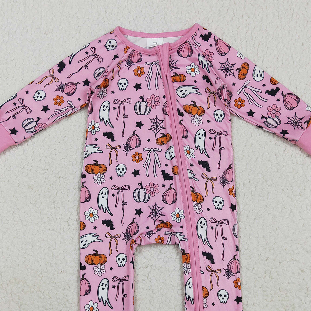 8.23 RTS NO MOQ （In stock）LR2405Baby Girls Winter Rompers Baby Girls Pink Ghost Pumpkins Halloween Zipper Footie Rompers