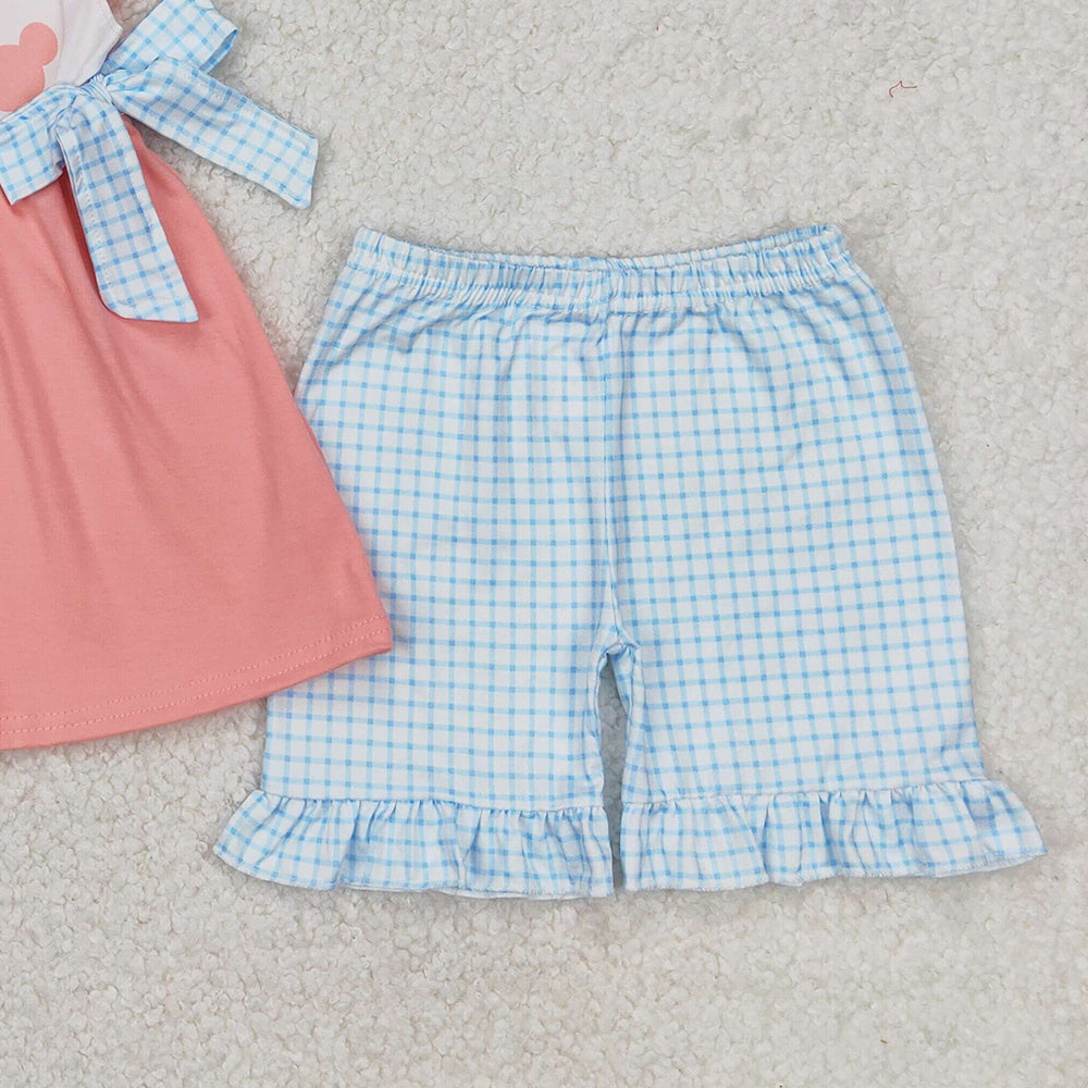 4.25 GSSO2126  RTS NO MOQ Flutter sleeves mouse tunic plaid shorts girls clothes