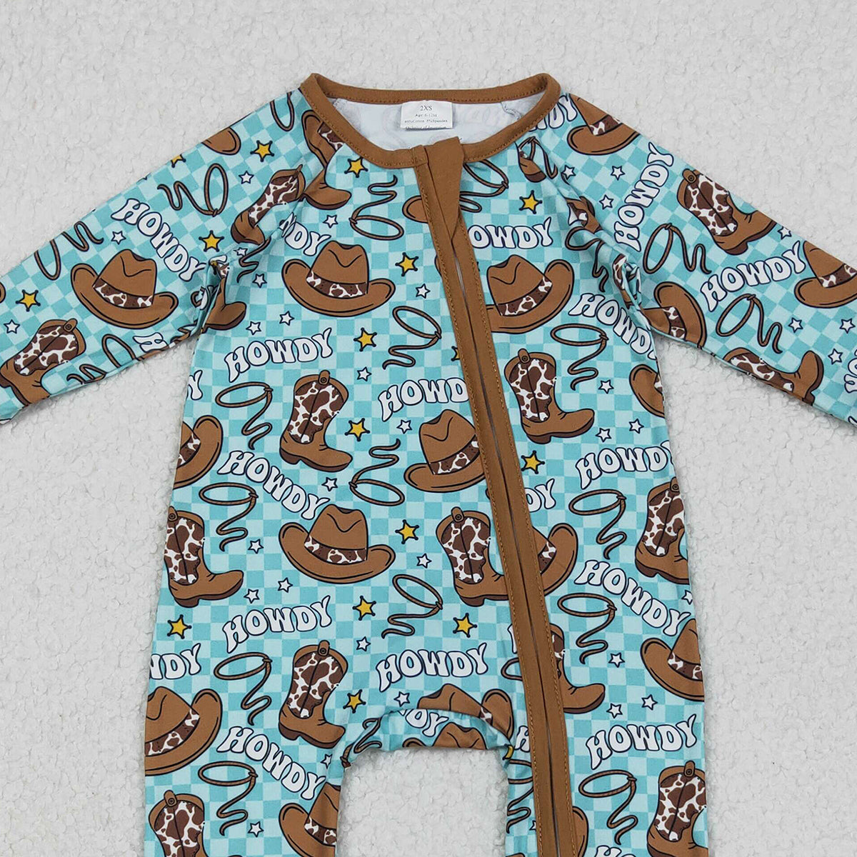 11.3 RTS NO MOQ （In stock）LR2517 Baby Boys Winter Rompers Baby Boys Howdy Hats Boots Western Checked Zipper Footie Rompers