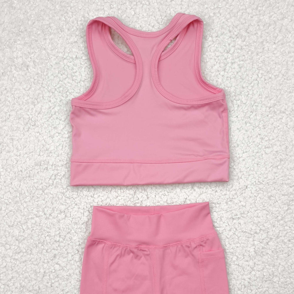 5.15  GSSO1516 RTS NO MOQ Baby Girls Yoga Outfits  Light pink straps top shorts girls summer yoga clothes
