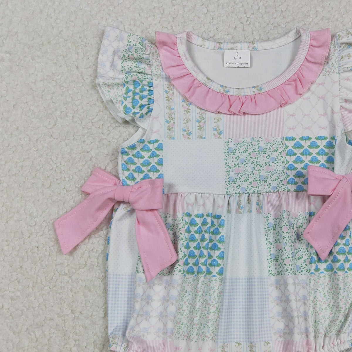 11.6 RTS NO MOQ （In stock）SR3293 Baby Boys Summer Rompers Baby Girls Bows Flowers Checked Bows Flutter Sleeve Ruffle Rompers