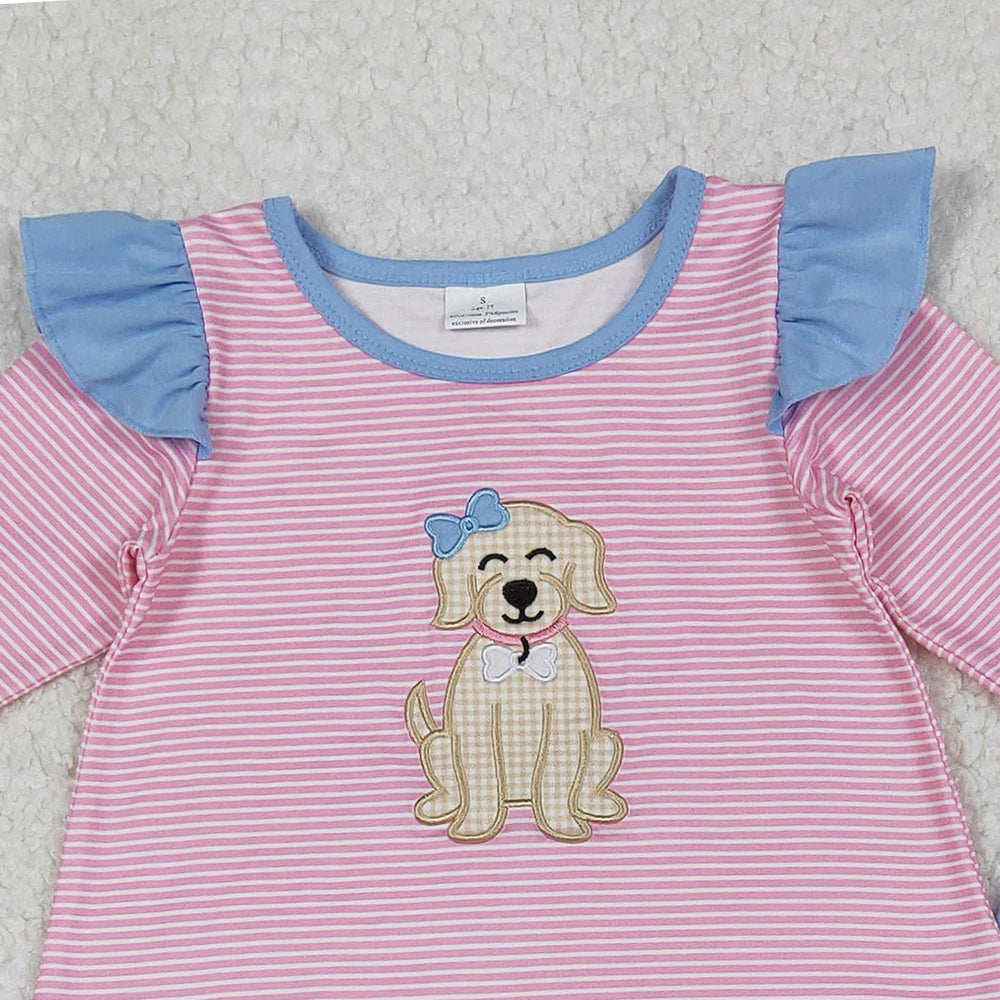 9.30 RTS NO MOQ （In stock）GLP2725 Baby Girls Winter Outfits Embroidery Dog Baby Girls Pink Stripe Tunic Blue Leggings Clothes Set