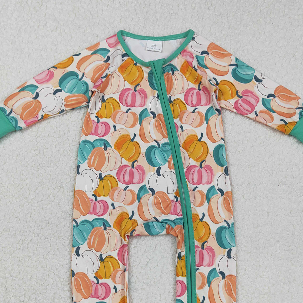 RTS NO MOQ （In stock）LR2552 Baby Boys Winter Rompers Baby Boys Colorful Pumpkins Plaid Fall Zipper Footie Rompers