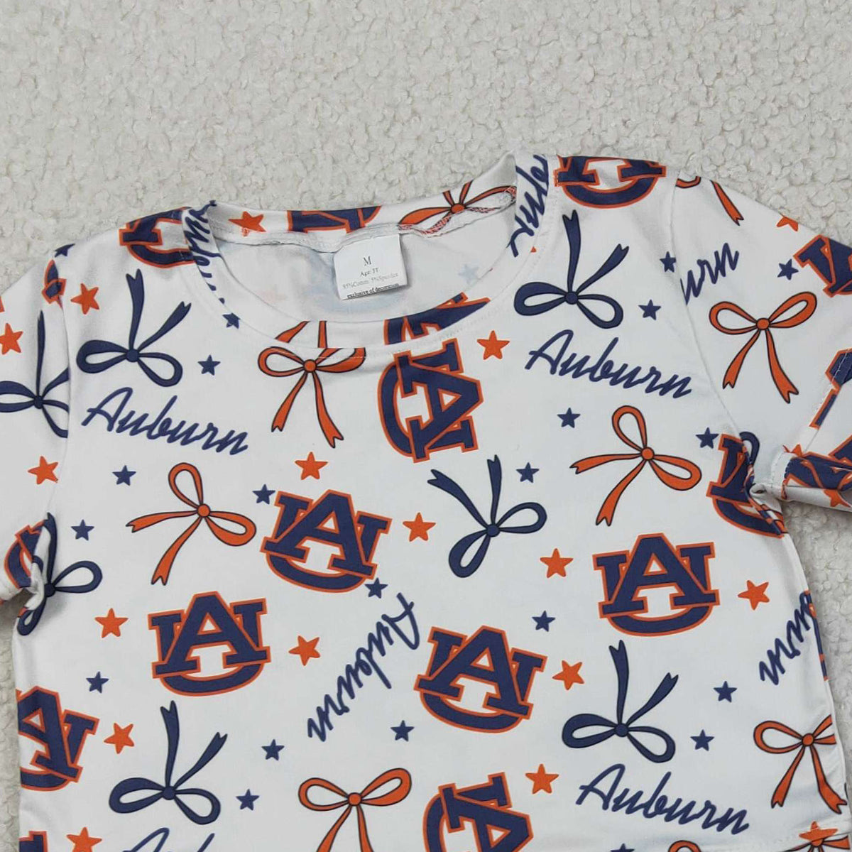 3.30 RTS NO MOQ （In stock）GSSO3252 Short sleeves A U stars bow scallop girls team outfits