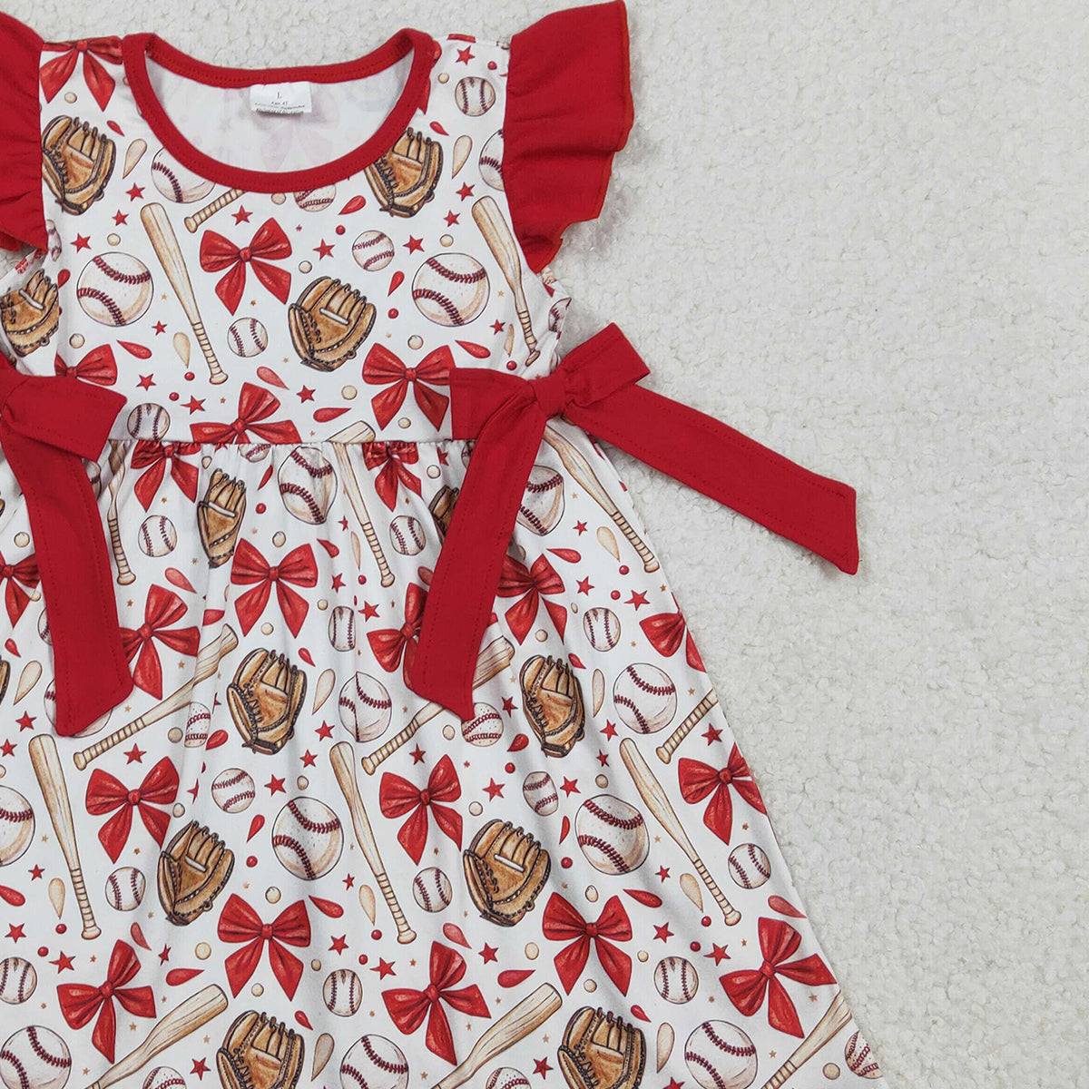 1.24 RTS NO MOQ （In stock）GSD3455 Baby Girls Flutter Sleeve Baseballs Bows Team Knee Length Dresses