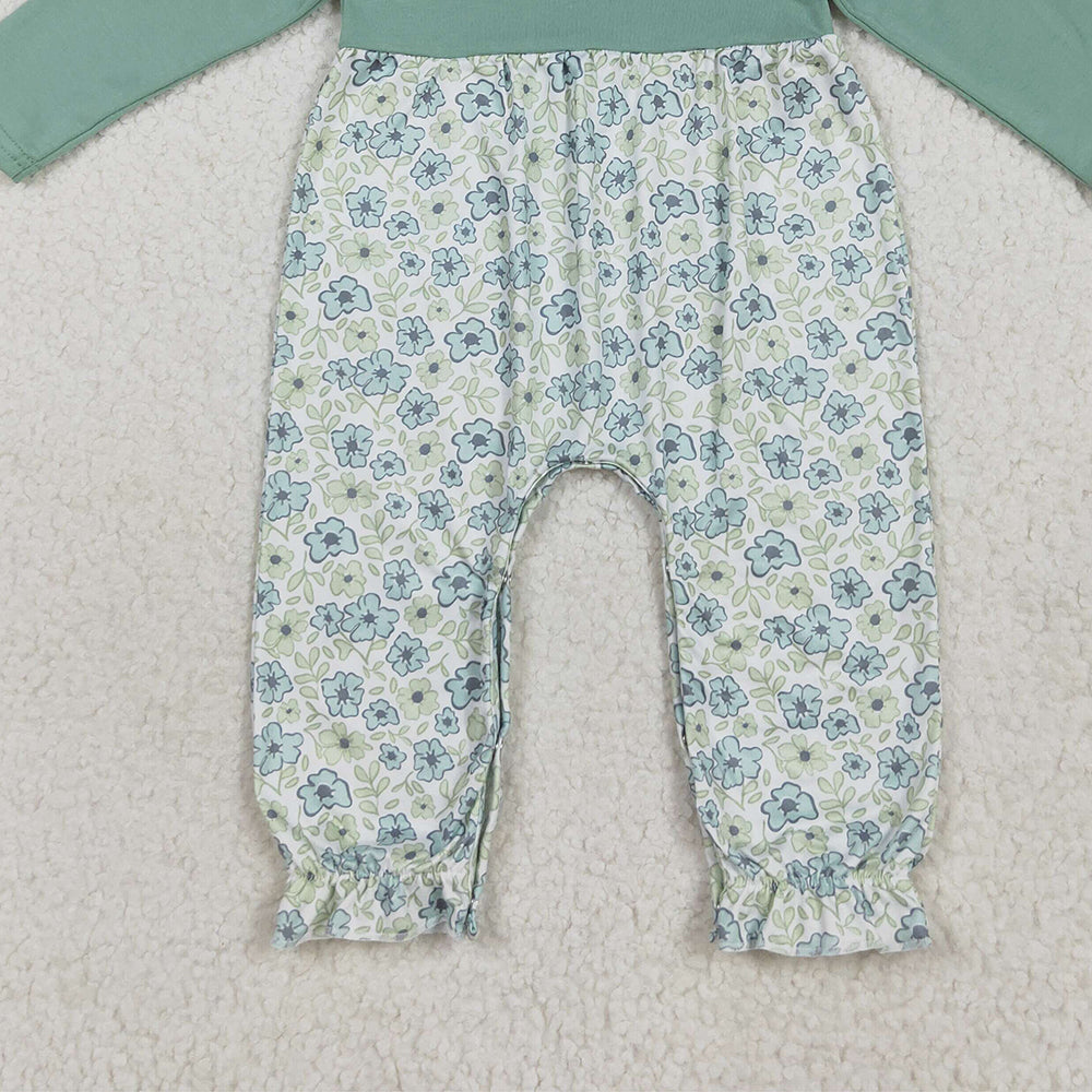 RTS NO MOQ （In stock）LR2258 Baby Girls Winter Rompers Baby Girls Green Long Sleeves Floral Ruffle Pant Rompers