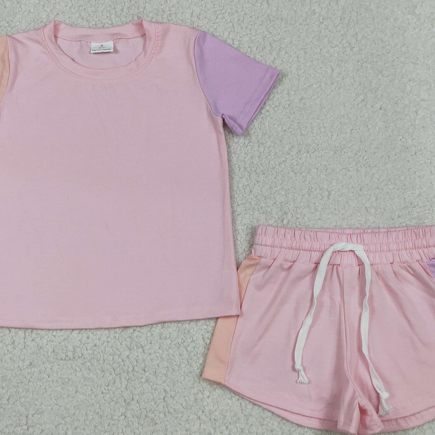 GSSO3638 RTS NO MOQ （In stock）Baby Girls Pink Patchwork Short Sleeve Shirt Top Short Clothes Set