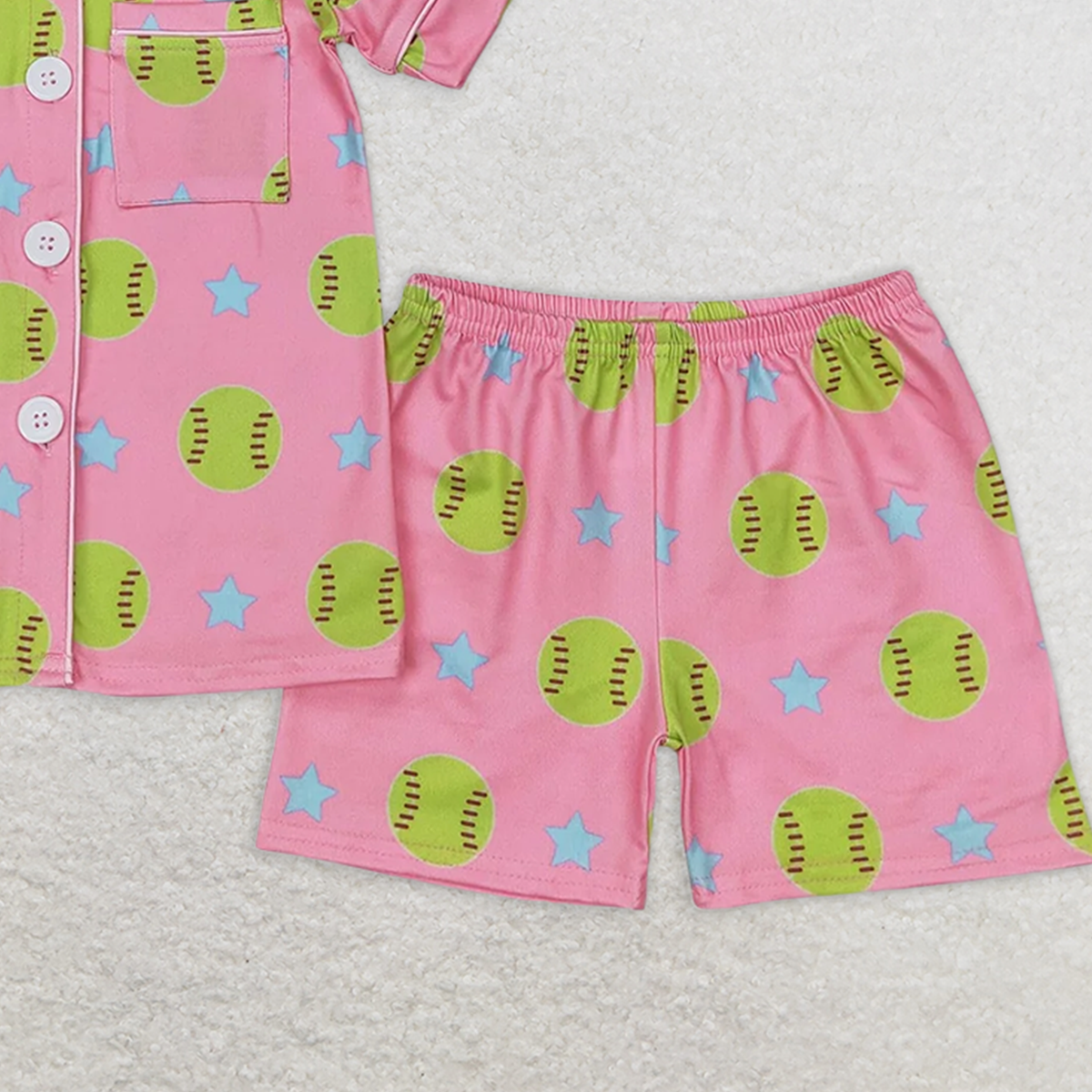 GSSO2203RTS NO MOQ Baby Girls Summer Pajamas Outfits Kids Girls Short Sleeve Pink Softball Button down Pajamas Lightweight Sleepwear for Children