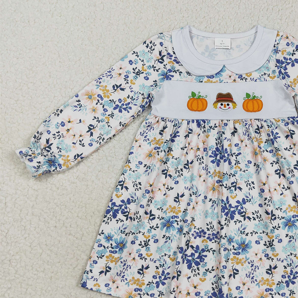 RTS NO MOQ （In stock）GLD1071 Baby Girls Winter Dress Embroidery Baby Girls Long Ruffle Sleeves Floral Pumpkins Knee Length Dress