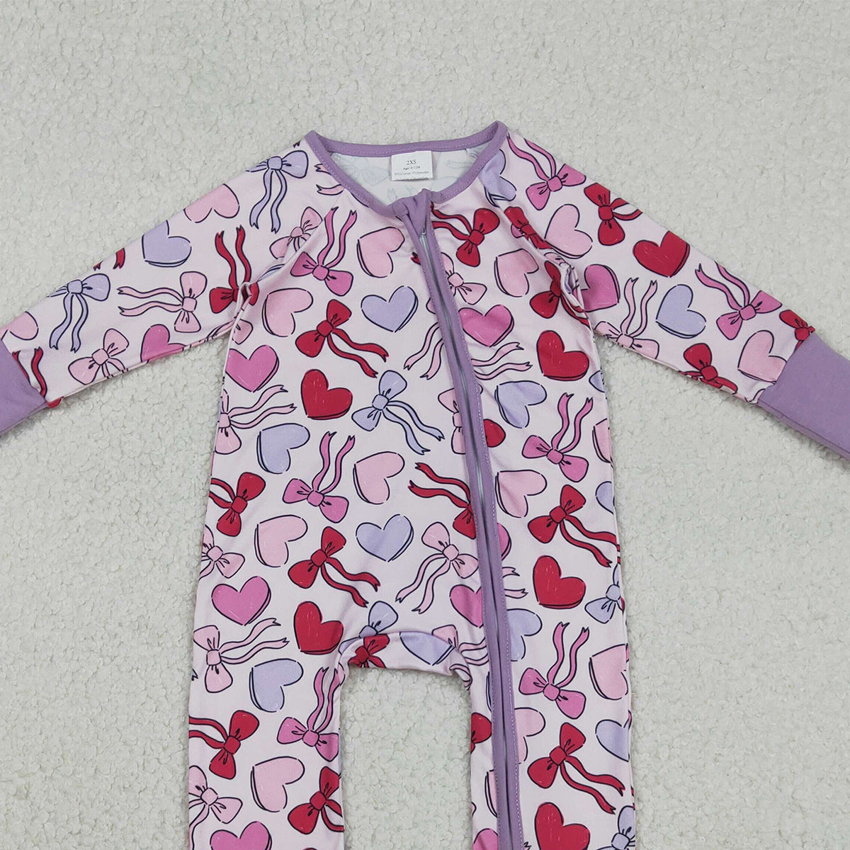12.4 RTS NO MOQ （In stock）LR2883 Baby Boys Winter Rompers Baby Girls Long Sleeve Hearts Bows Valentines Two Way Zip Convertible Rompers